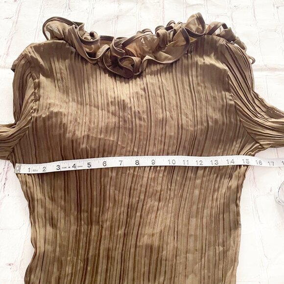 Zoommoney Ruffled Pleated Long Sleeve Stretchy Sheer Blouse in Brown M - Picture 8 of 12
